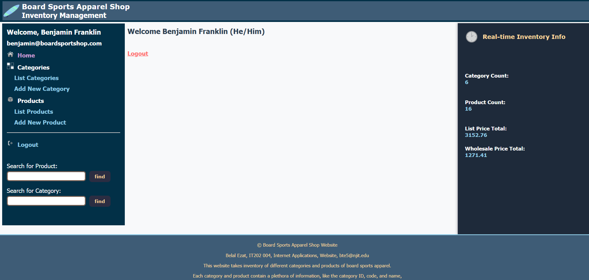 Screenshot of Board Sports Apparel Shop Inventory Management system
